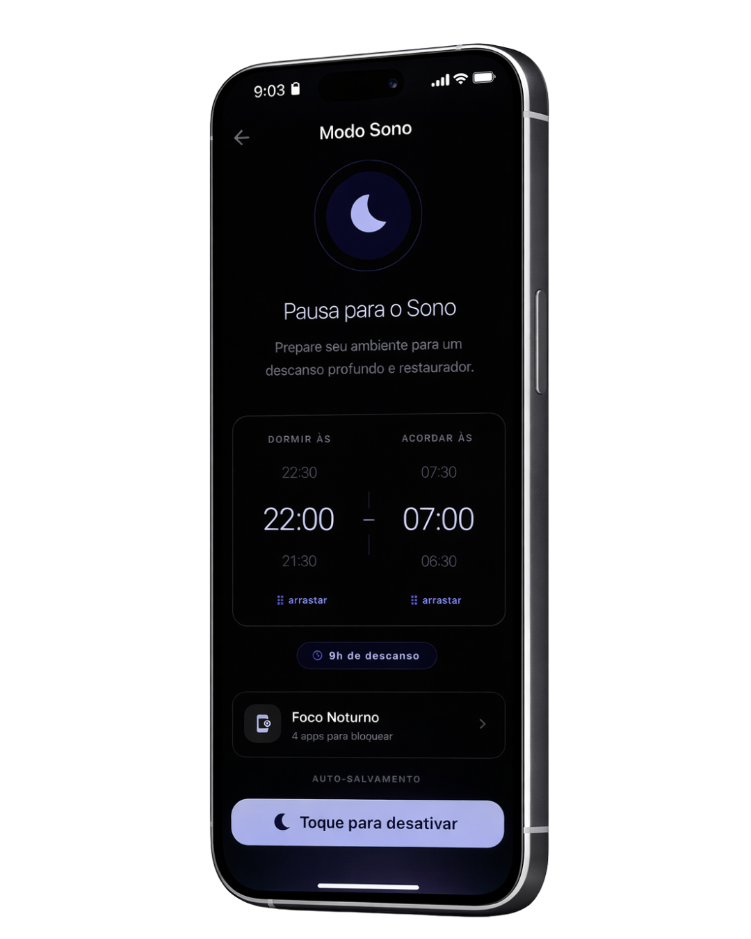 Tela de modo sono do app Orbe